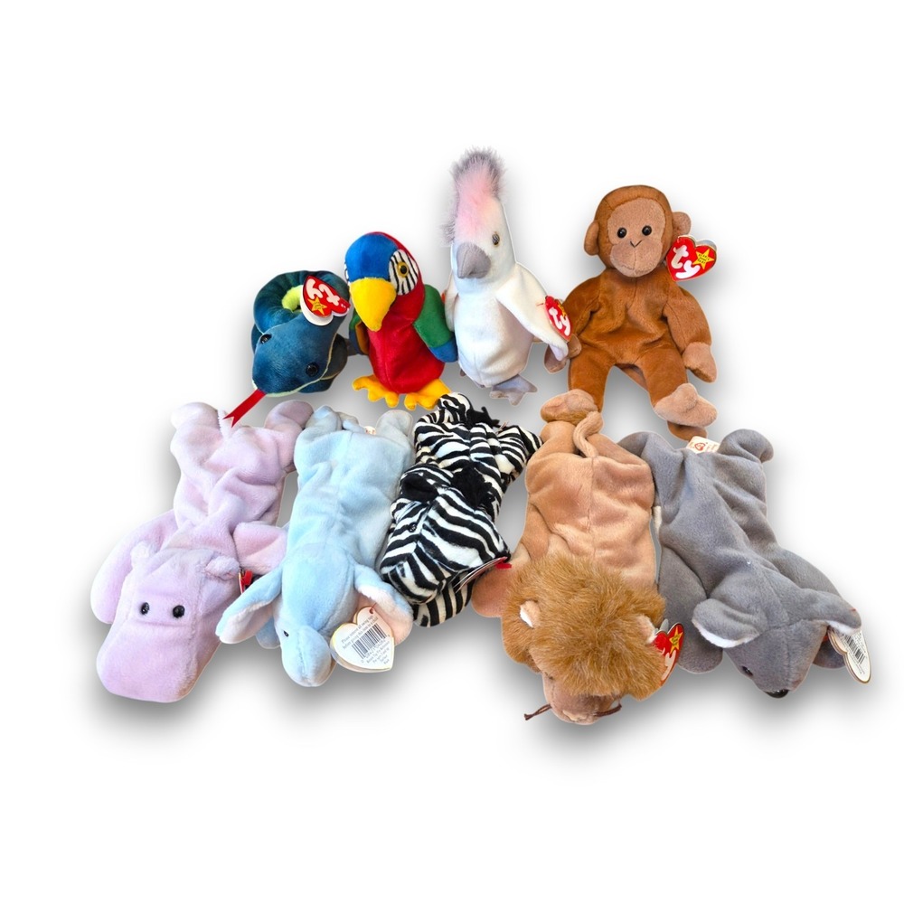 NWT TY Beanie Babies Lot of 9 Exotic Zoo Animals Lion Hippo Koala Snake Parrot